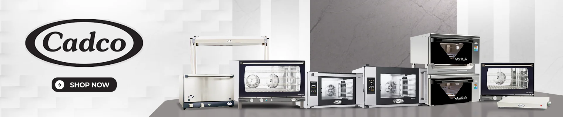 Cadco brand banner featuring commercial kitchen ovens, toaster, and food warmers with Cadco logo on a modern gray background.