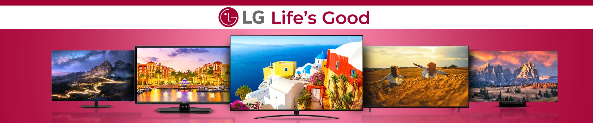 LG flat-screen smart TVs in a row with vibrant displays, shown on a pink background with the LG logo, highlighting modern TV technology.