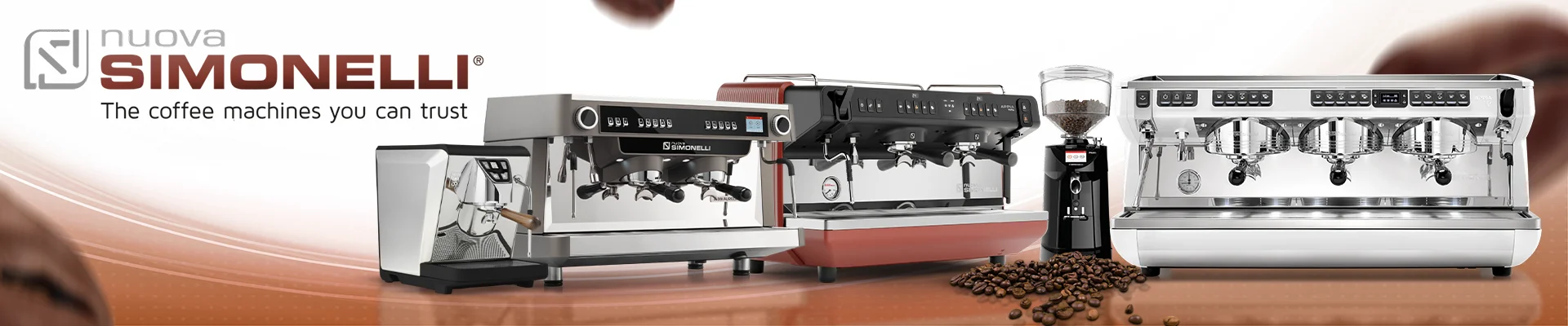 Nuova Simonelli brand banner featuring commercial espresso machines and coffee makers with logo on a red and white background.