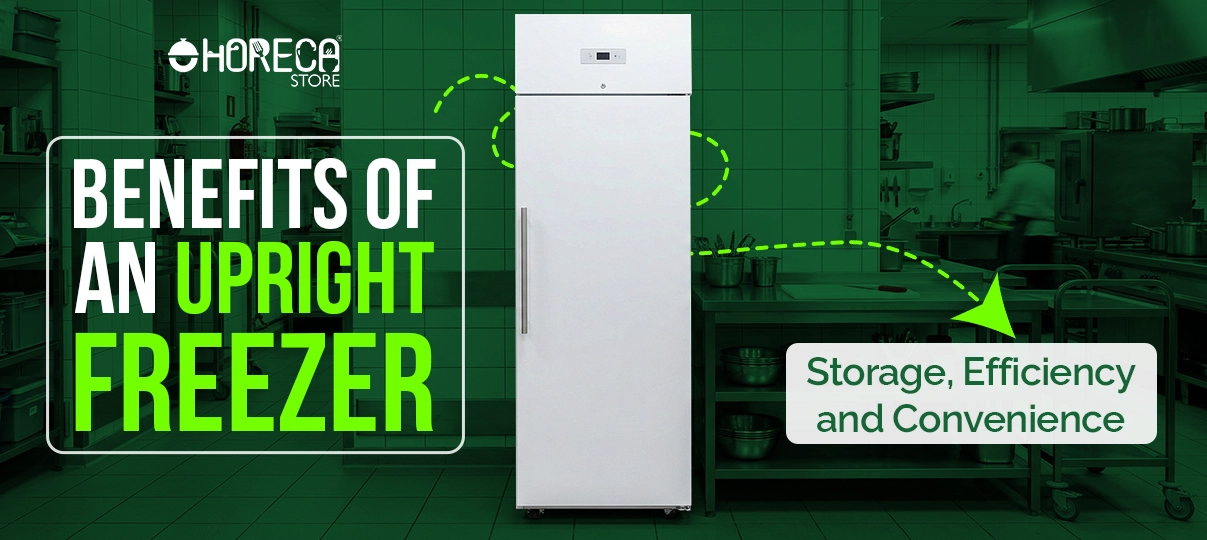 Upright freezer in professional restaurant kitchen highlighting storage efficiency and convenience