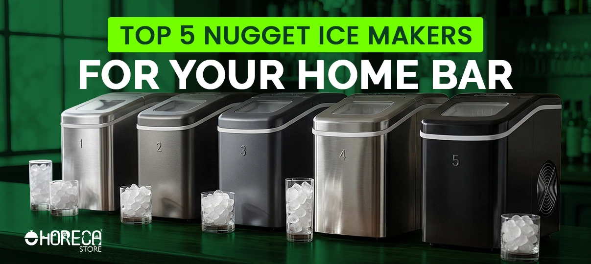 Top five nugget ice makers for home bar use, featuring compact countertop machines with stainless steel and black finishes for cocktail and beverage preparation