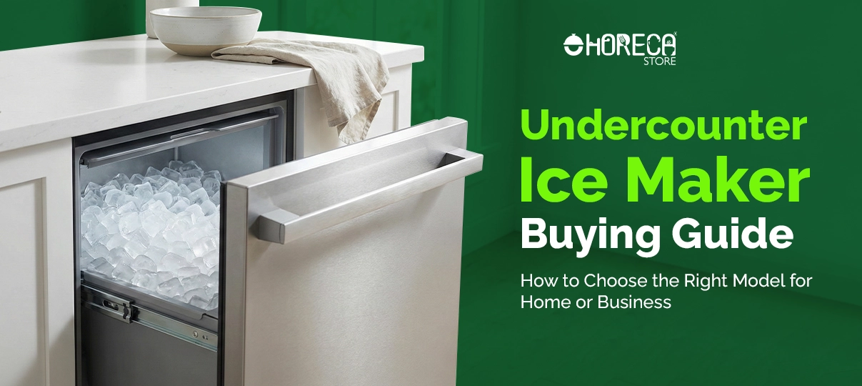 Undercounter ice maker installed beneath a kitchen counter, showing a stainless steel ice bin filled with ice