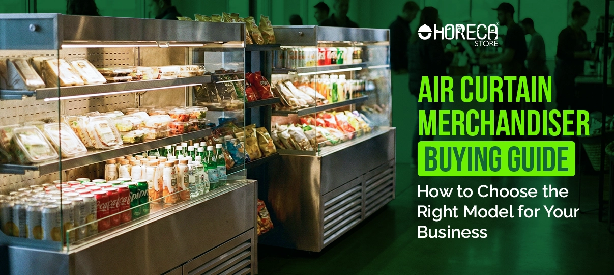Air curtain merchandisers stocked with ready-to-eat food and drinks, used in a commercial food retail environment