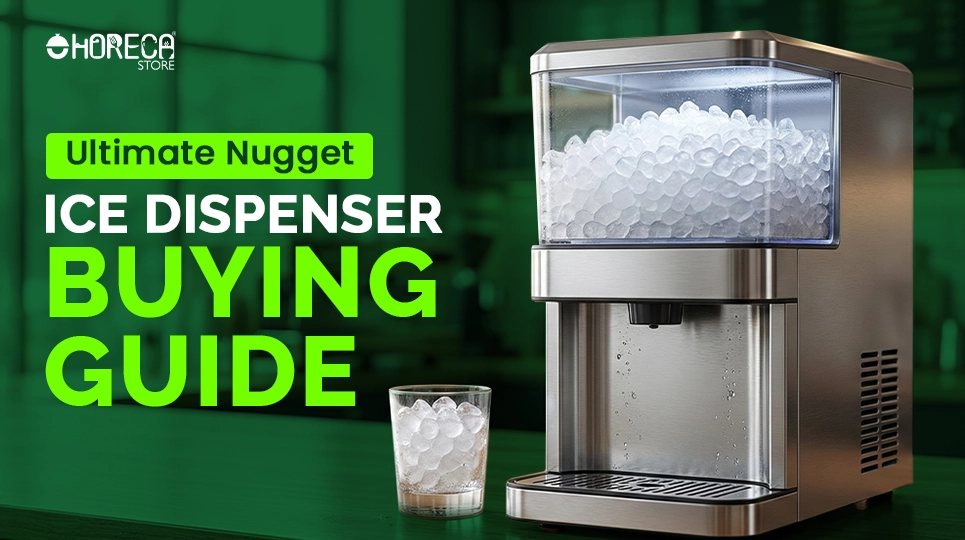 Commercial nugget ice dispenser with stainless steel body and clear ice bin, featured in ice dispenser buying guide for restaurants, cafés, and bars