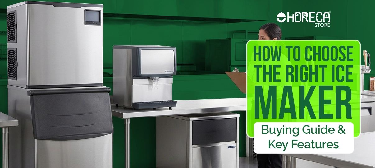 Commercial ice maker machines on stainless steel counter in professional kitchen