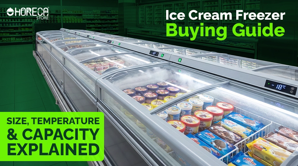 Commercial ice cream freezer units with transparent glass tops, stocked with frozen desserts and designed for retail food stores