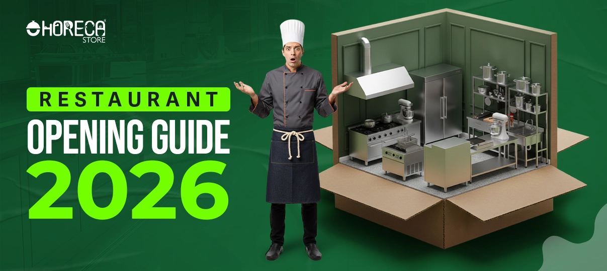 Restaurant Opening Guide 2026 banner showing a professional chef standing beside a boxed commercial kitchen setup with restaurant equipment, symbolizing step-by-step restaurant planning by Horeca Store.