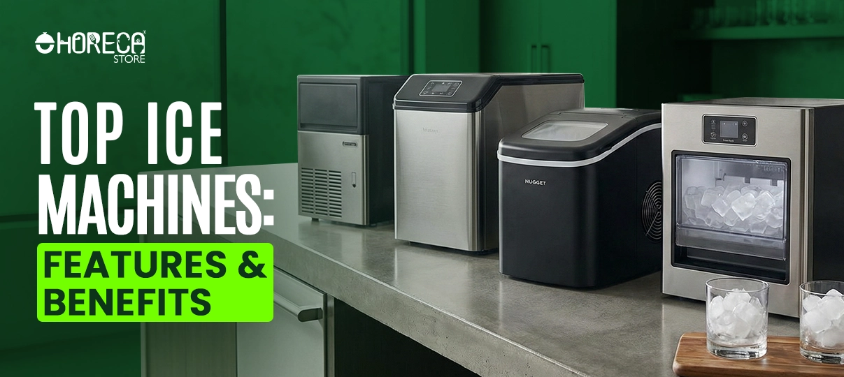 Countertop ice machines and nugget ice makers displayed on kitchen counter, highlighting features and benefits for home bars, cafés, and beverage service