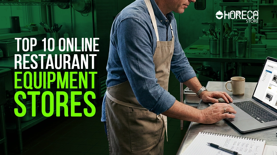 Restaurant owner browsing commercial kitchen equipment online store in professional kitchen