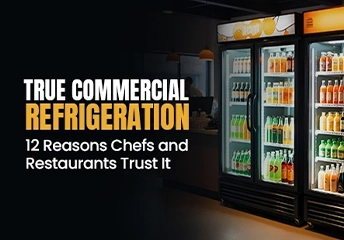 Glass door commercial refrigerators stocked with beverages, showcasing True’s reliable cooling for restaurants and cafes.