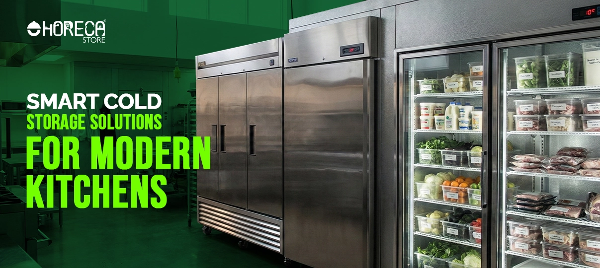 Commercial reach-in refrigerators and freezers with stainless steel and glass doors, providing smart cold storage for modern restaurant and professional kitchens