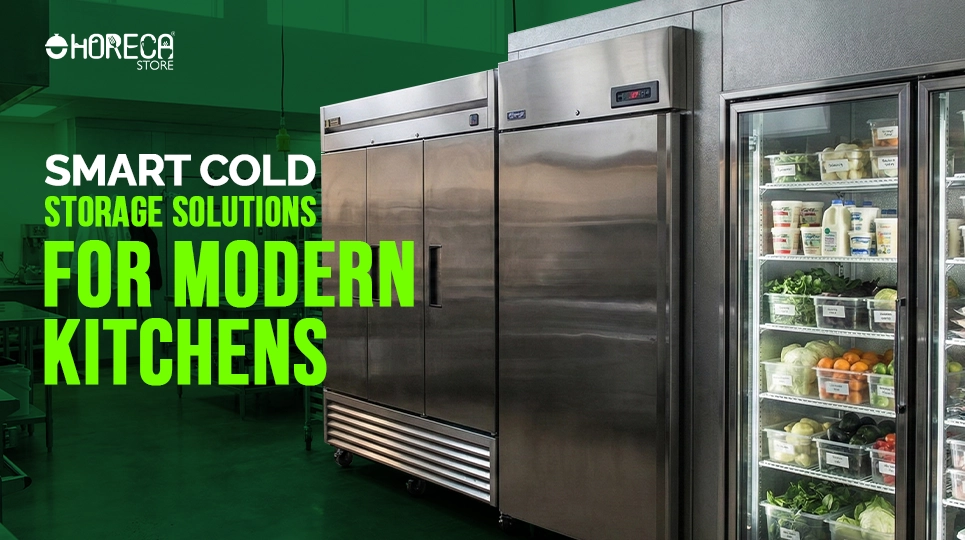 Commercial reach-in refrigerators and freezers with stainless steel and glass doors, providing smart cold storage for modern restaurant and professional kitchens