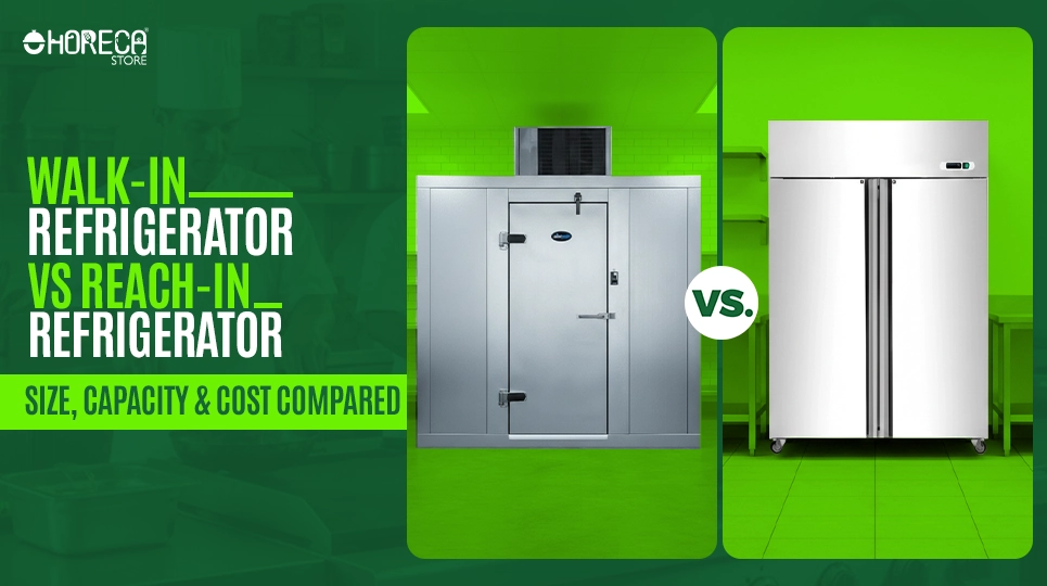 Comparison image of a walk-in refrigerator versus a reach-in refrigerator, highlighting differences in size, capacity, and commercial kitchen use