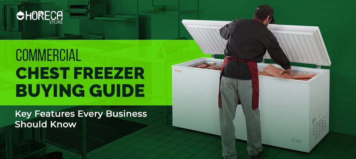 Commercial chest freezer with an open lid, showing a staff member organizing frozen food in a commercial kitchen