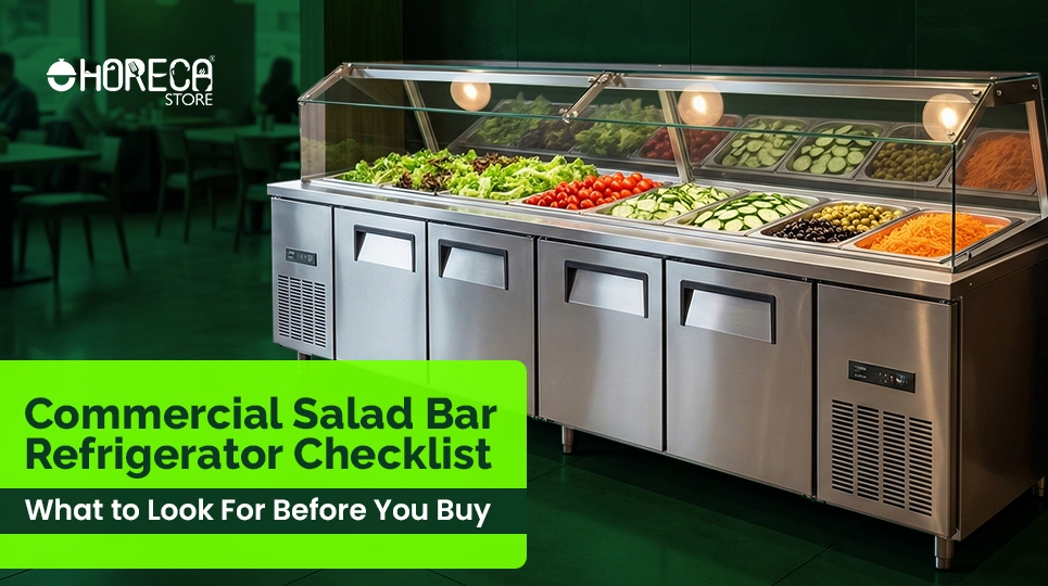 Commercial salad bar refrigerator with fresh produce display for food service