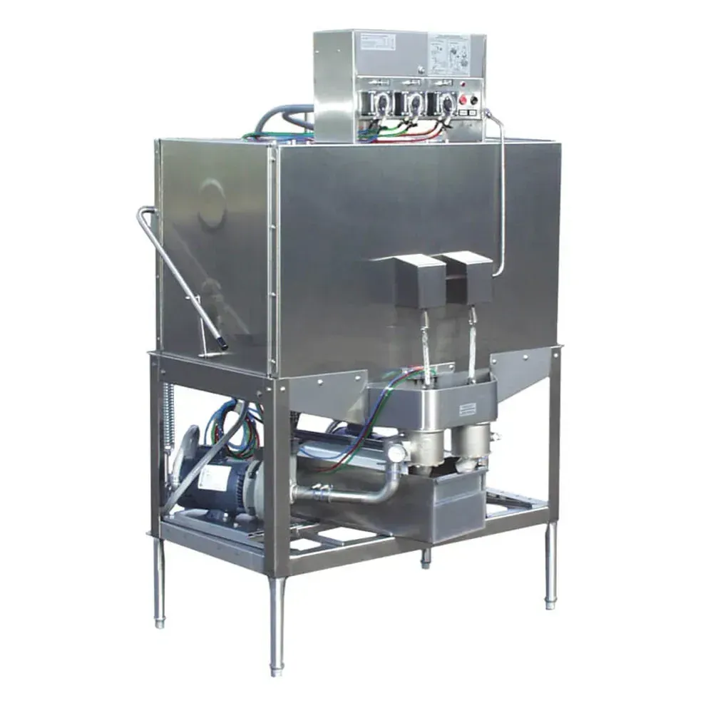 American Dish Energy Star rated upright dishwasher with double rack and stainless steel body inside a busy commercial kitchen workspace setup.