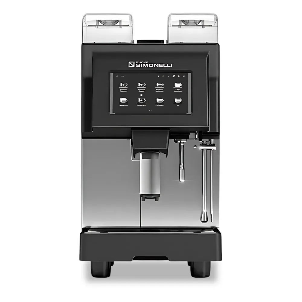 Nuova Simonelli touchscreen super-automatic espresso machine with built-in grinder and milk frother in compact stainless steel for easy operation.