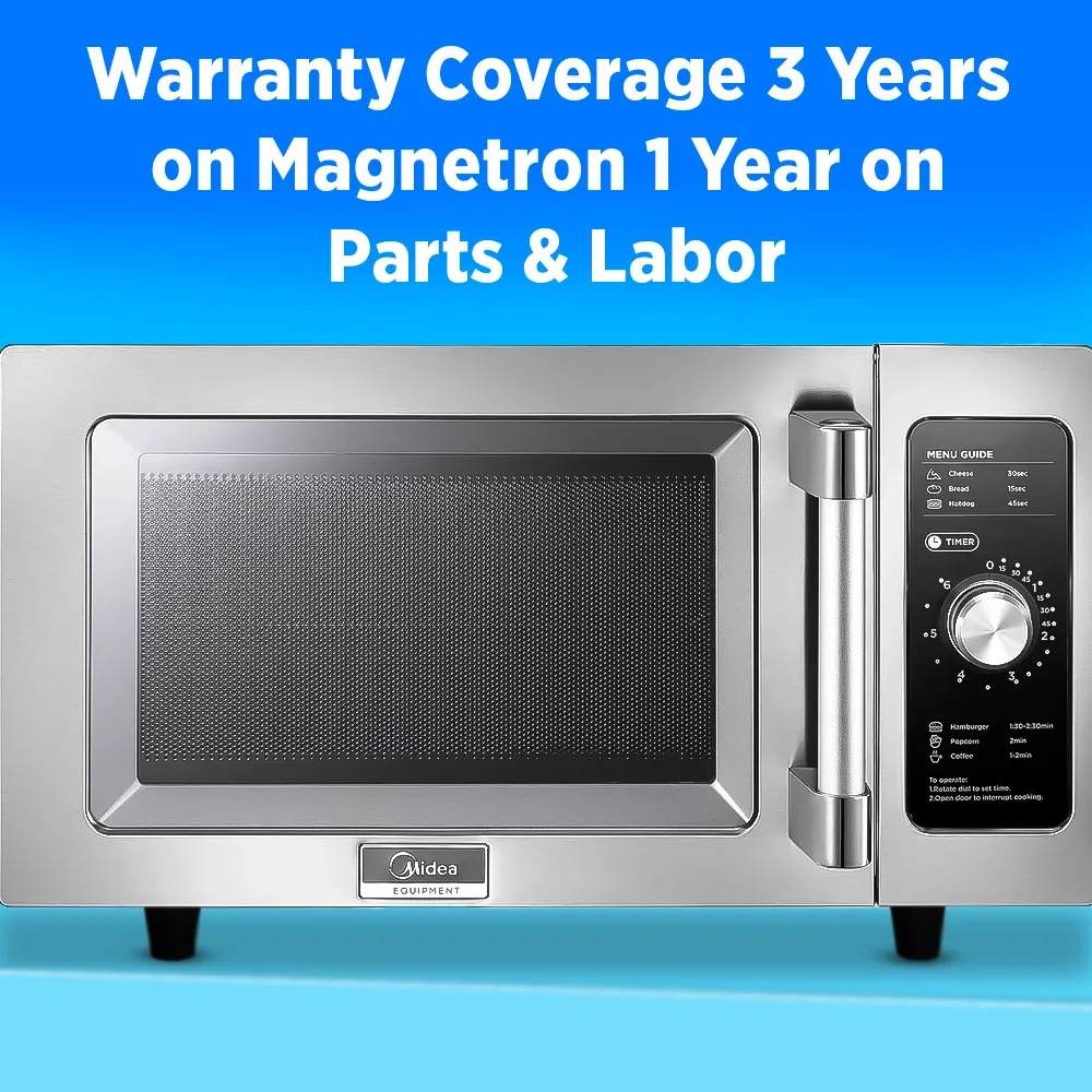 Midea stainless steel microwave oven with manual controls, one thousand watt, point nine cubic foot, ideal for rapid service in food establishments.