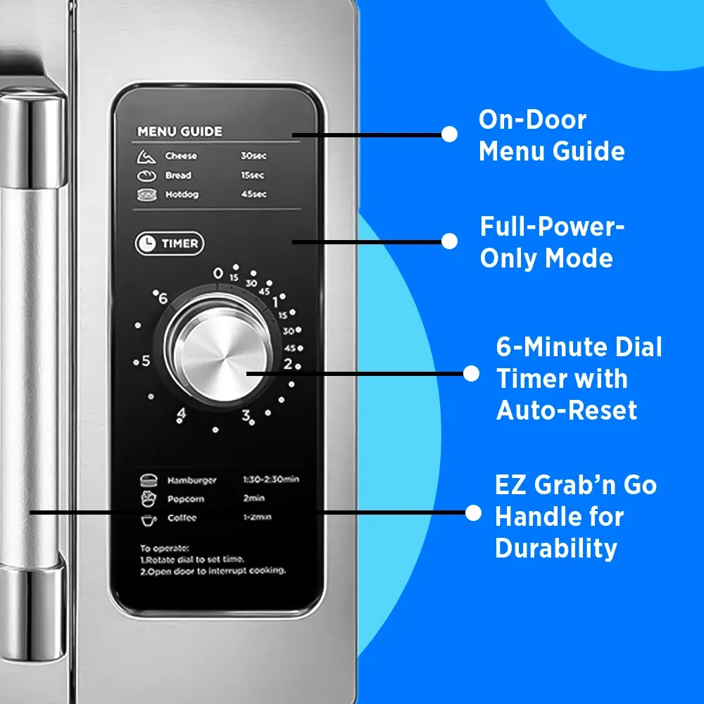 Midea stainless steel microwave oven with manual controls, one thousand watt, point nine cubic foot, ideal for rapid service in food establishments.
