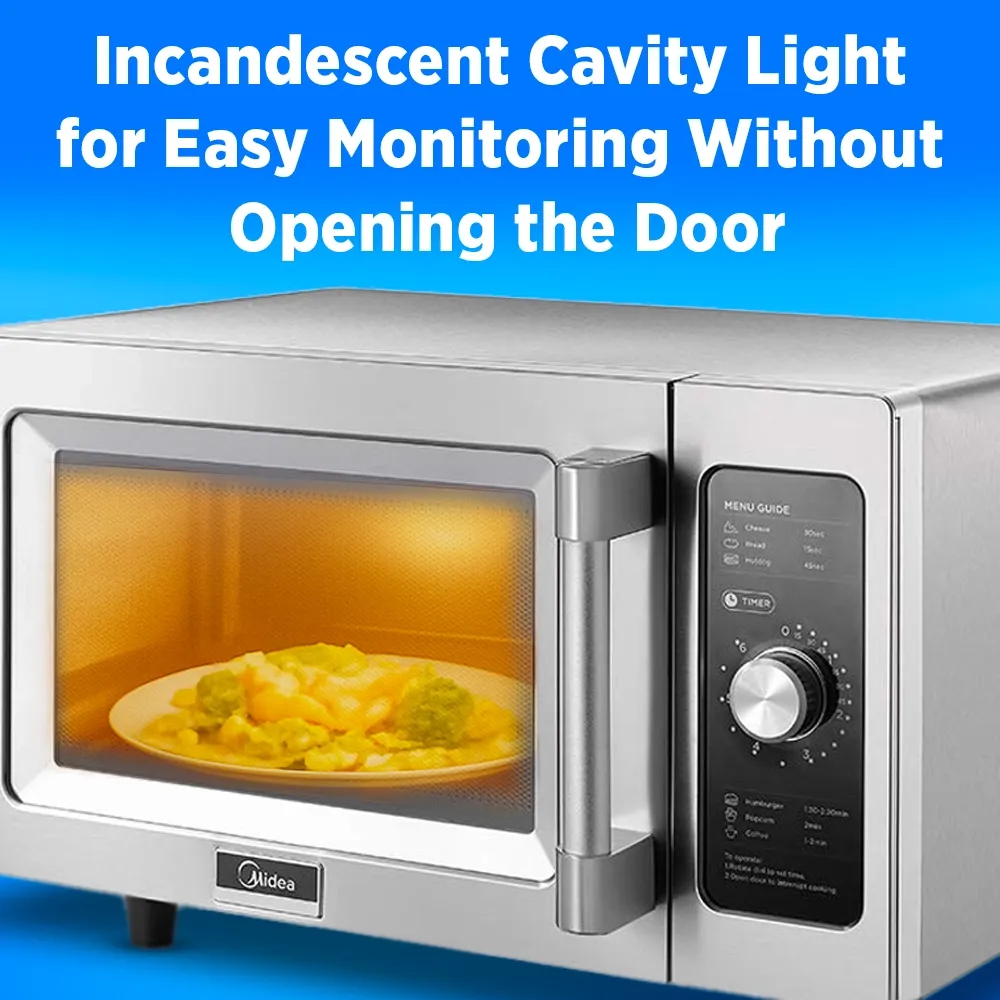 Midea stainless steel microwave oven with manual controls, one thousand watt, point nine cubic foot, ideal for rapid service in food establishments.