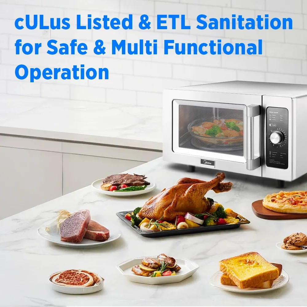 Midea stainless steel microwave oven with manual controls, one thousand watt, point nine cubic foot, ideal for rapid service in food establishments.