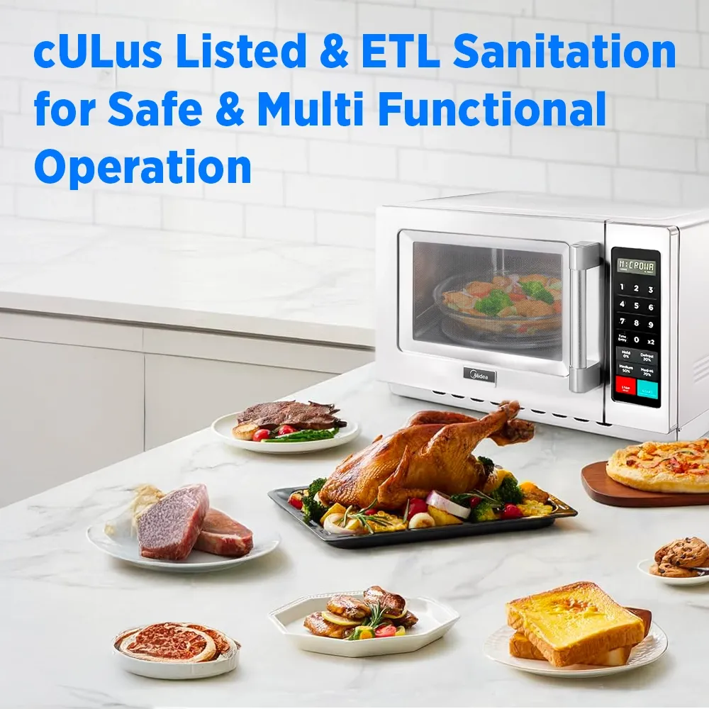 Midea stainless push-button microwave, powerful wattage, spacious interior, single-phase design for reliable performance in busy kitchens.