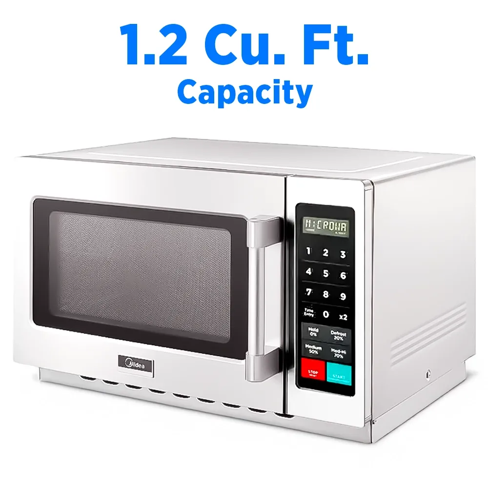 Midea stainless push-button microwave, powerful wattage, spacious interior, single-phase design for reliable performance in busy kitchens.