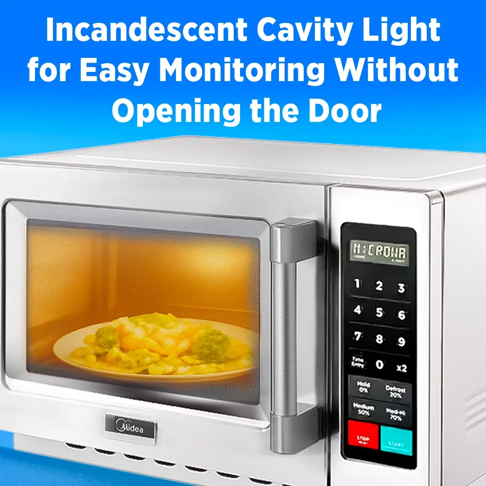 Midea stainless push-button microwave, powerful wattage, spacious interior, single-phase design for reliable performance in busy kitchens.