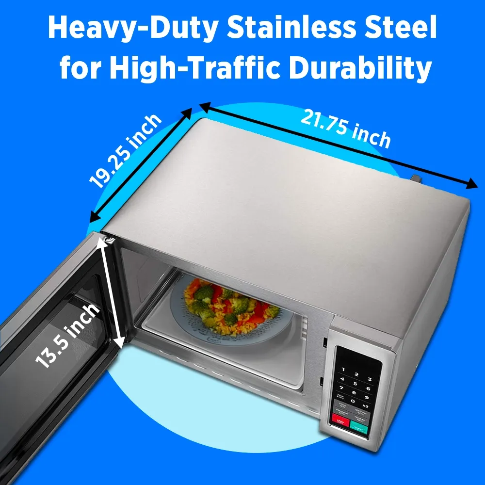 Midea stainless push-button microwave, powerful wattage, spacious interior, single-phase design for reliable performance in busy kitchens.