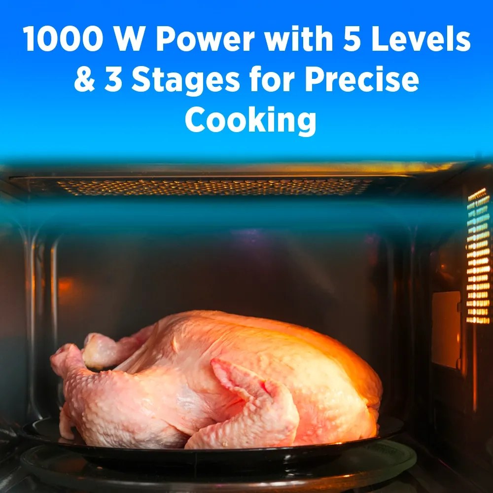 Midea stainless push-button microwave, powerful wattage, spacious interior, single-phase design for reliable performance in busy kitchens.