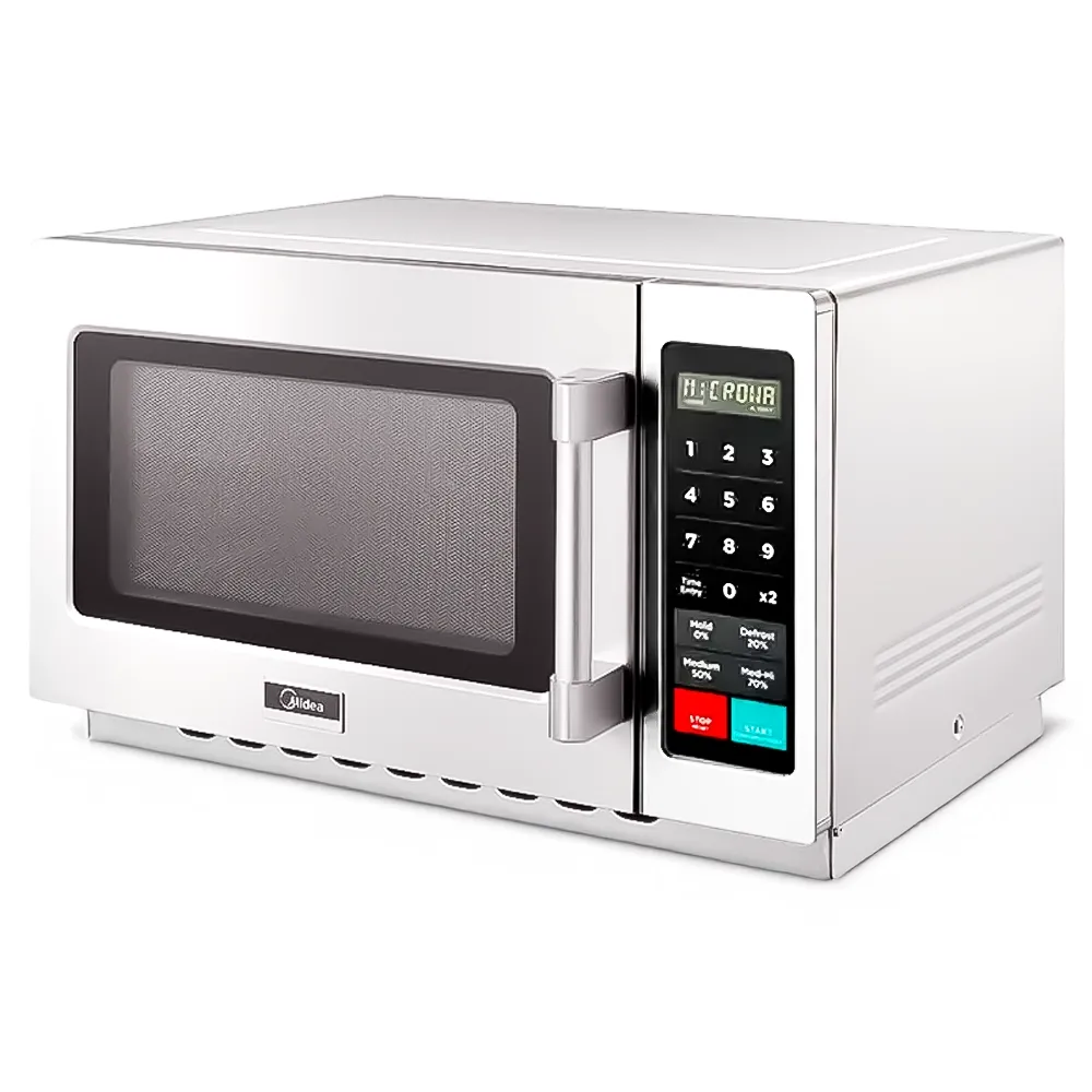 Midea stainless push-button microwave, powerful wattage, spacious interior, single-phase design for reliable performance in busy kitchens.
