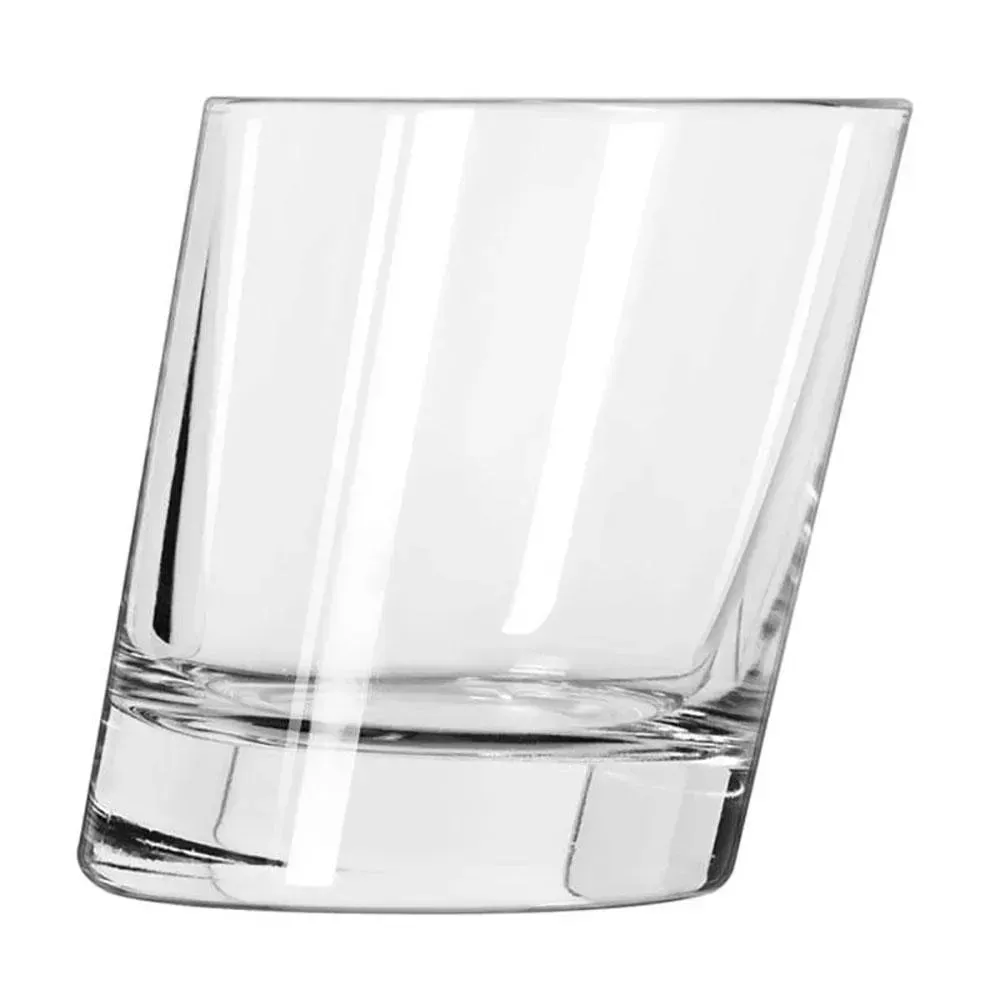 Pisa slanted rocks glass from Libbey with an angled design perfect for custom logos or monograms in modern bar setups and stylish presentations.