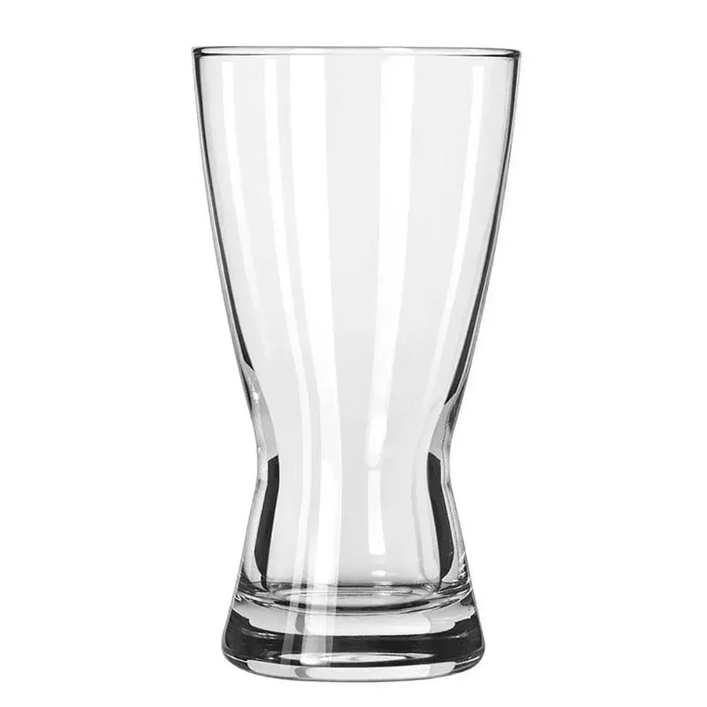 Hourglass pilsner glass from Libbey with rim tempering and a smooth surface, ideal for cold drinks and custom logo printing for branded service.