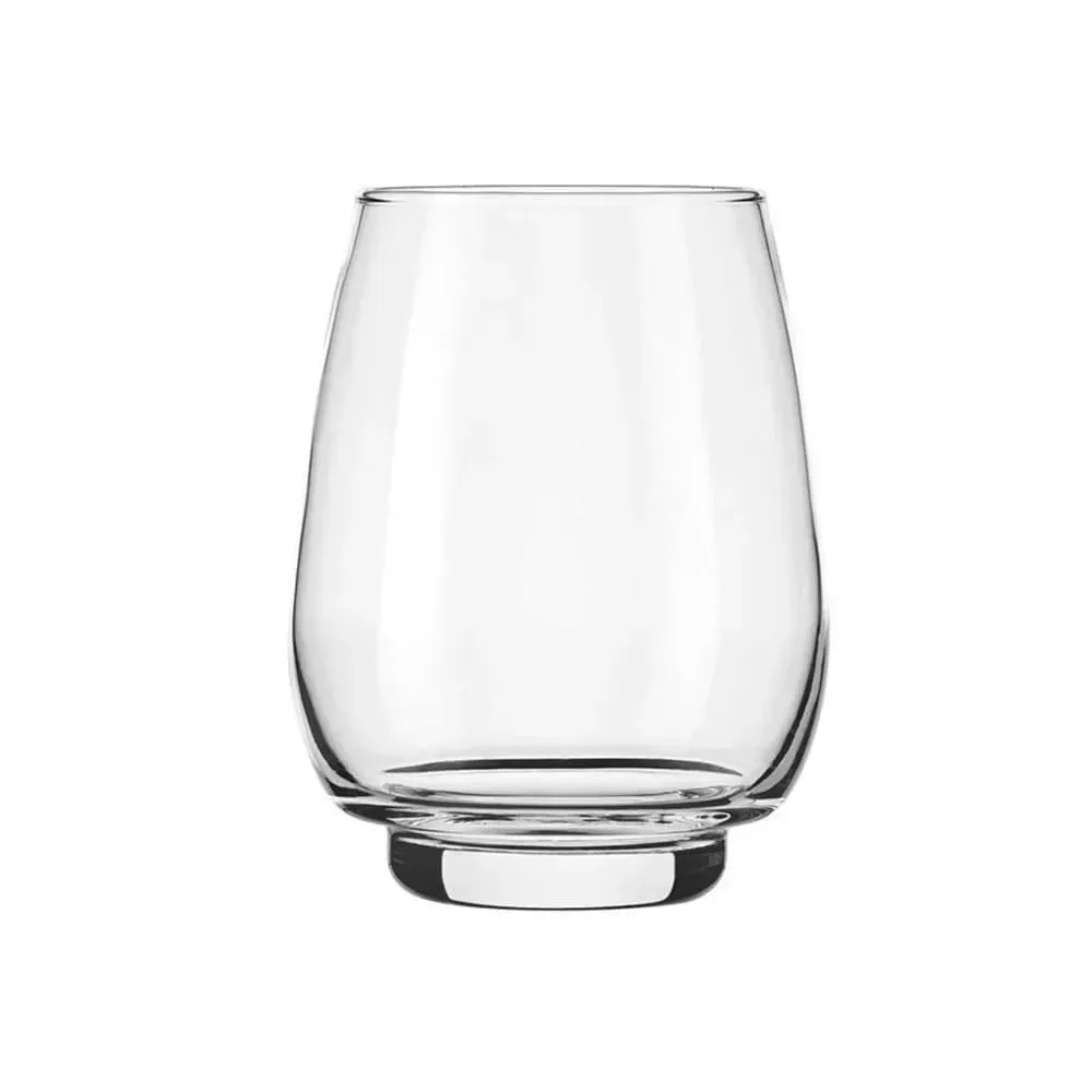 Stackable orbital beverage glass from Libbey with a curved design, ideal for juice or soda service with custom logo printing and a sleek appeal.