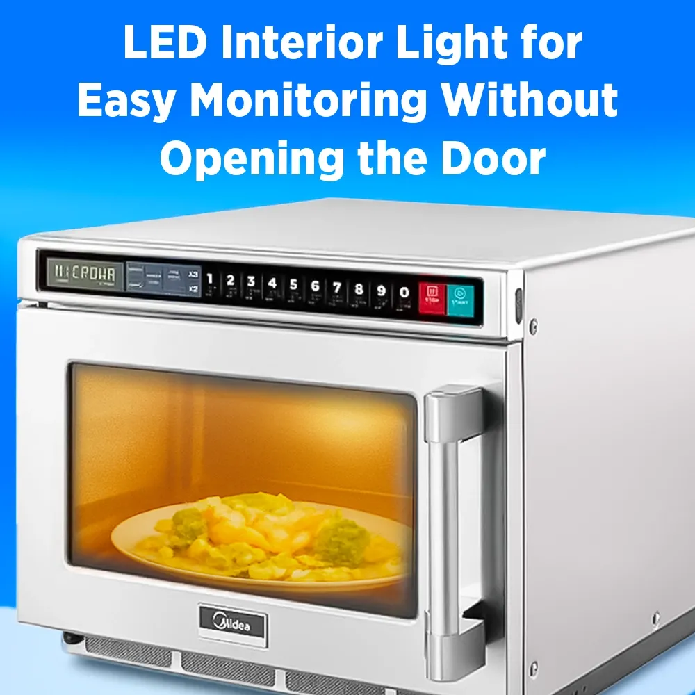 Midea compact stainless microwave with smooth touch pad, strong output, and space-saving design ideal for tight commercial kitchens.