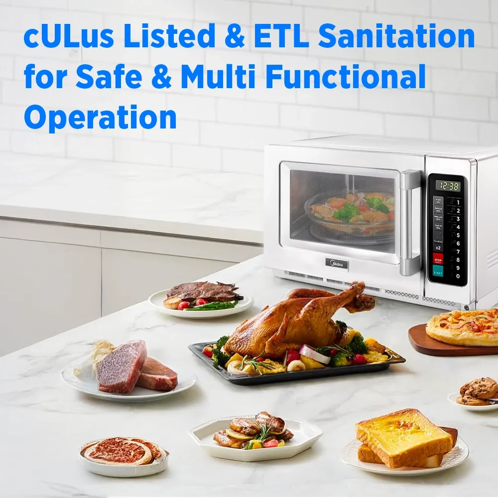 Midea heavy-duty microwave oven with touch control pad, one thousand eight hundred watt, one point two cubic foot, two hundred eight volt single phase.