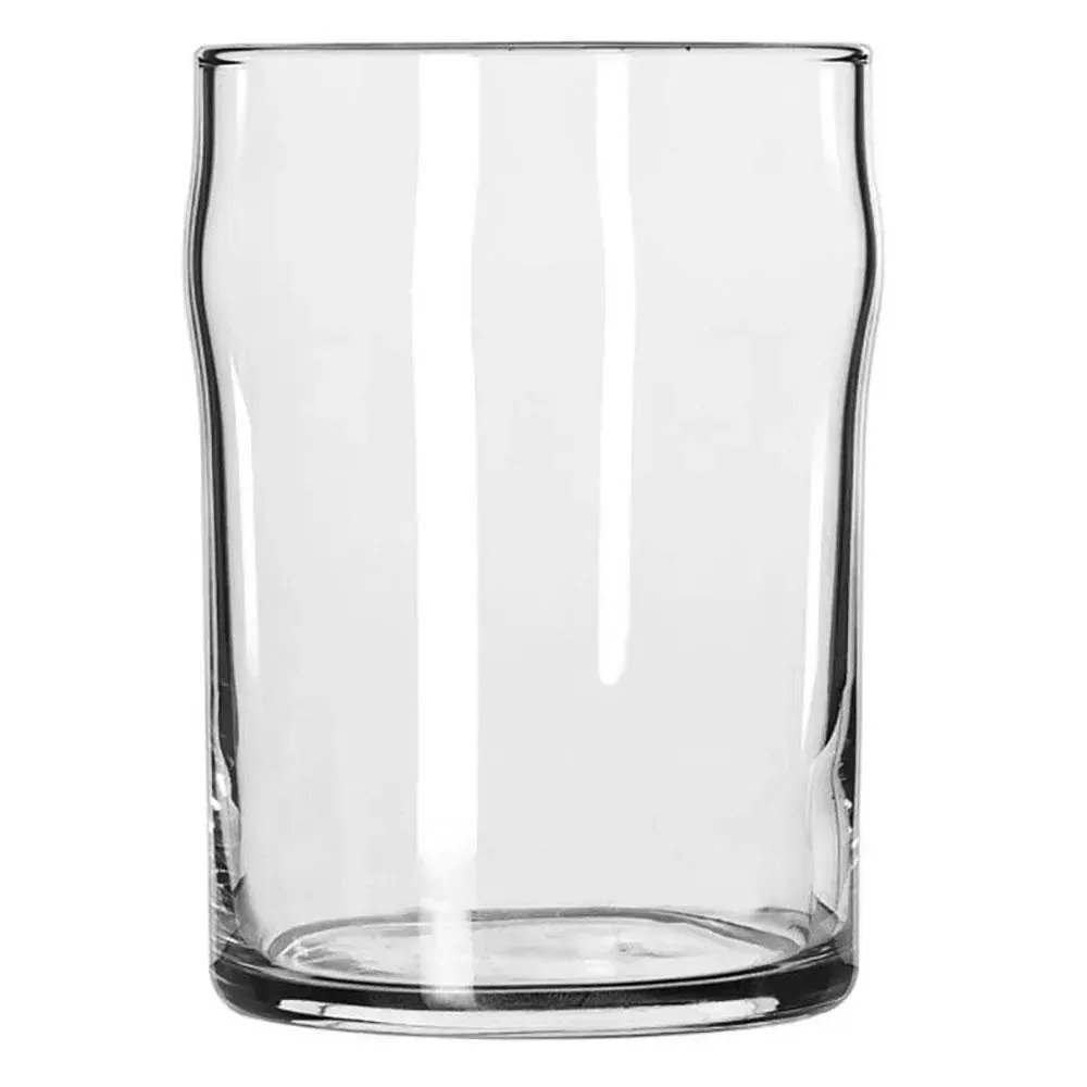Ten ounce nonic pub glass by Libbey with its signature bulged ridge for a secure grip, a classic beer service style for custom logos.