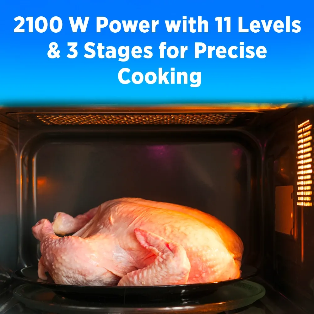 Midea microwave oven with touch control pad, two thousand one hundred watt, point six cubic foot, two hundred eight volt single phase stainless steel build.