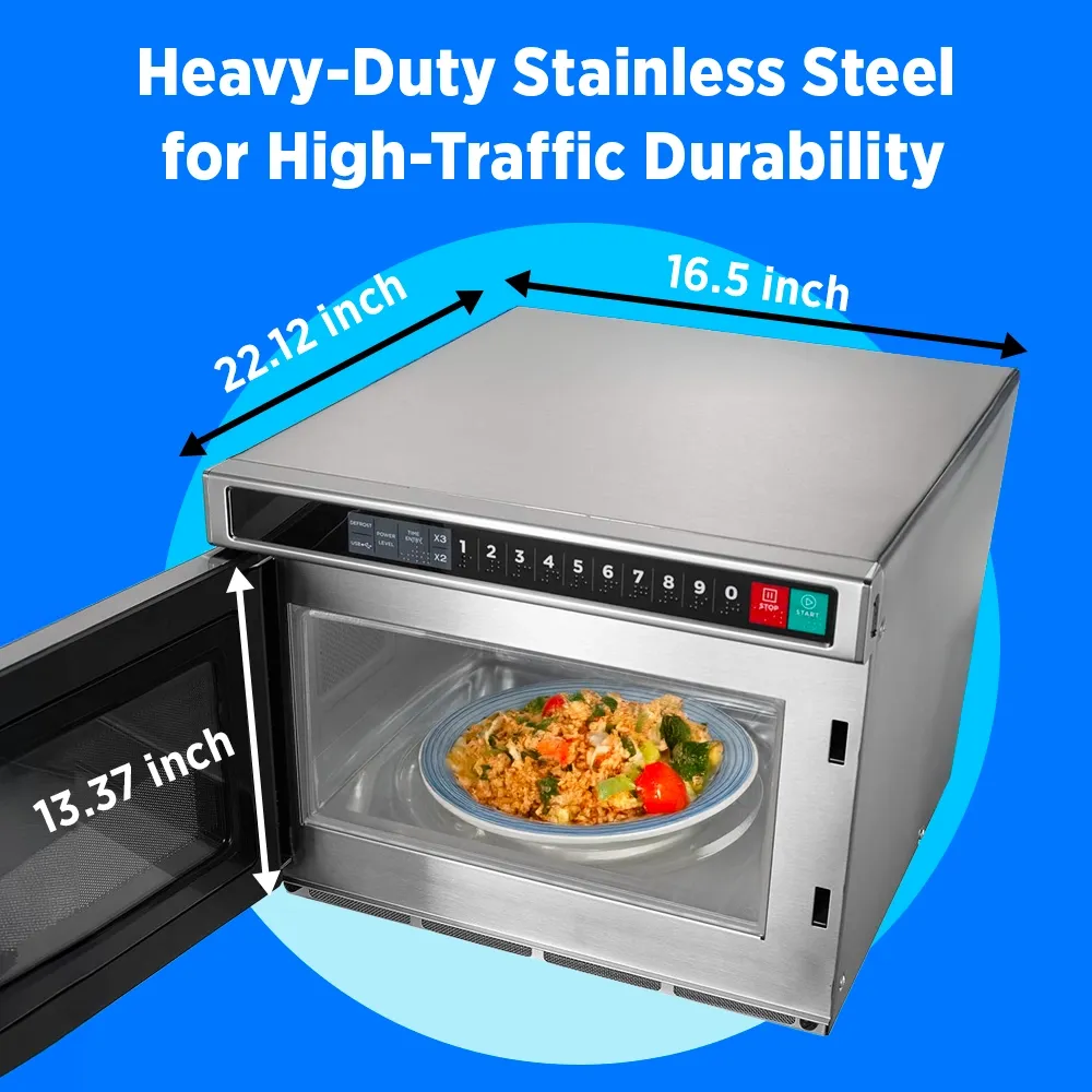 Midea microwave oven with touch control pad, two thousand one hundred watt, point six cubic foot, two hundred eight volt single phase stainless steel build.