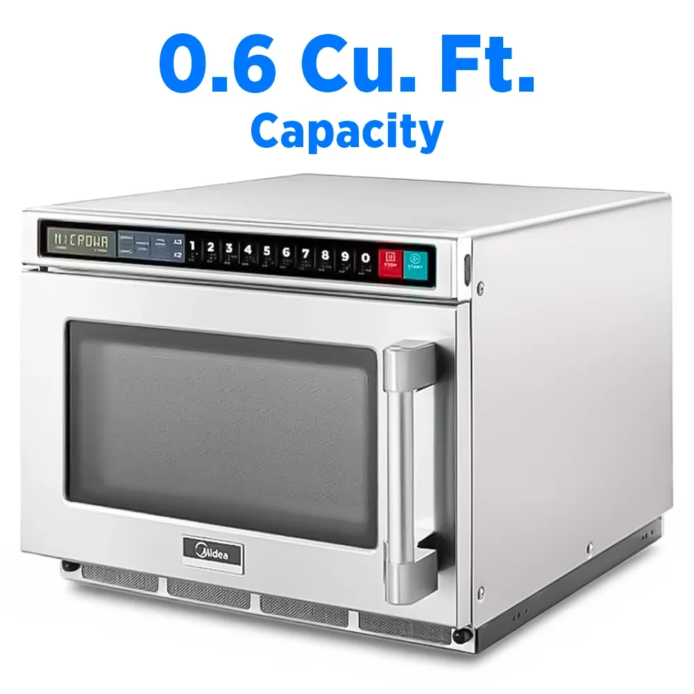 Midea microwave oven with touch control pad, two thousand one hundred watt, point six cubic foot, two hundred eight volt single phase stainless steel build.