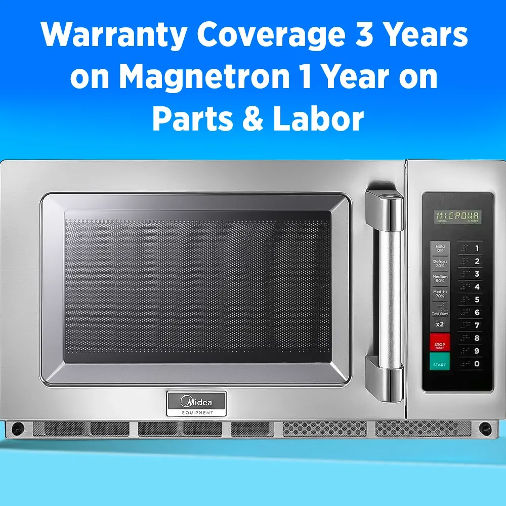 Midea large microwave oven with touch control pad, two thousand one hundred watt, two hundred eight volt single phase, stainless steel construction.