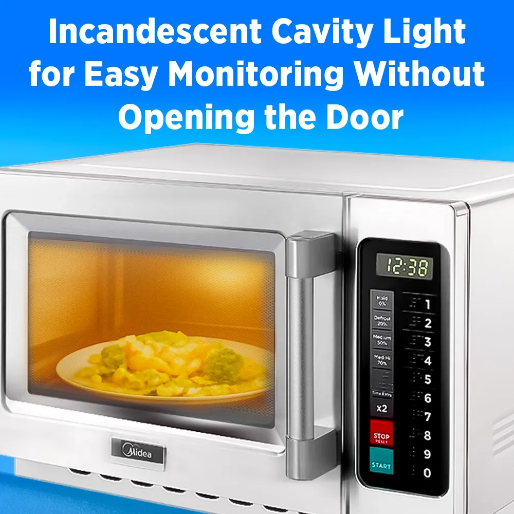 Midea large microwave oven with touch control pad, two thousand one hundred watt, two hundred eight volt single phase, stainless steel construction.