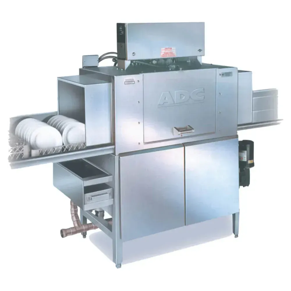 American Dish ADC-44-T low-temp washer, tall hood, left-to-right, polymer jets, stainless, quiet chemical sanitize for cafes, hotels and restaurants.