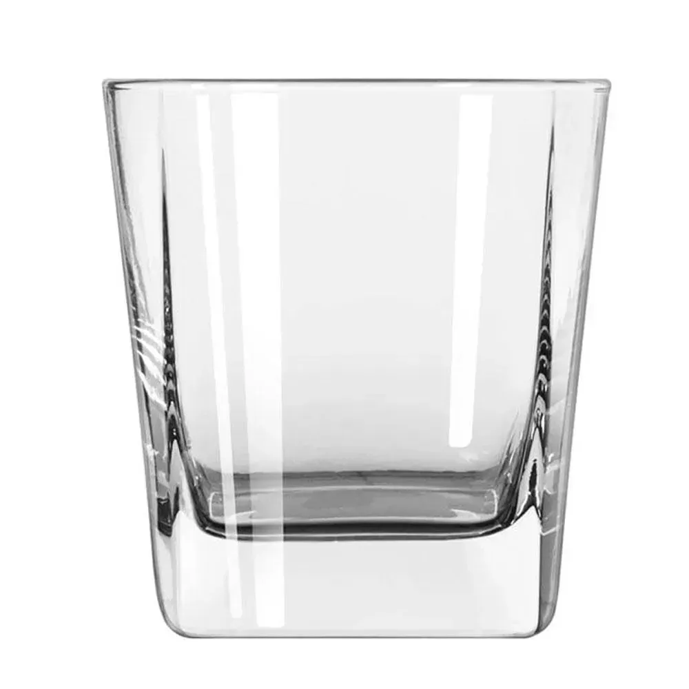 Quartet rocks glass from Libbey with clean lines and a customizable design, ideal for whiskey, old fashioneds, or mixed drinks at a bar or home.