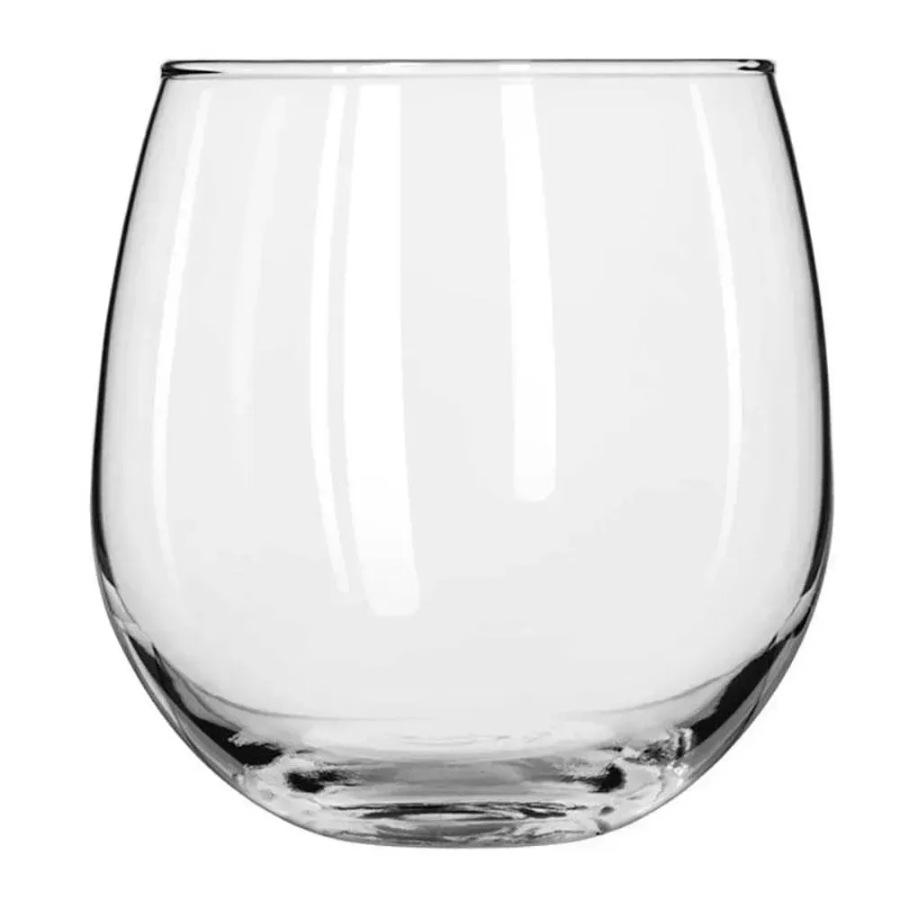 Stemless red wine glass from Libbey with a wide bowl and customizable body, ideal for enjoying bold red wines or custom branded wine service.