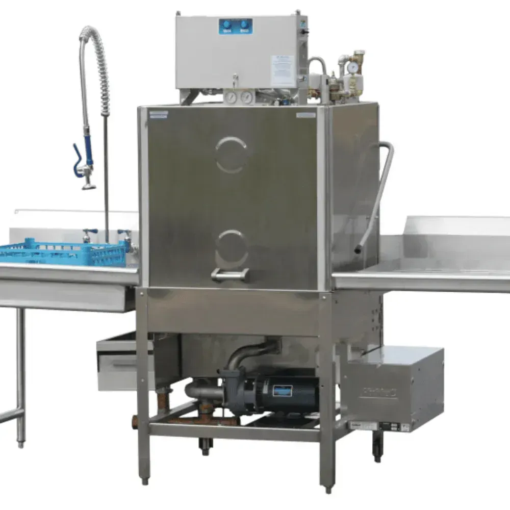 American Dish single-rack high-temp pan washer with integrated booster heater designed for heavy-duty commercial pot and pan cleaning applications.