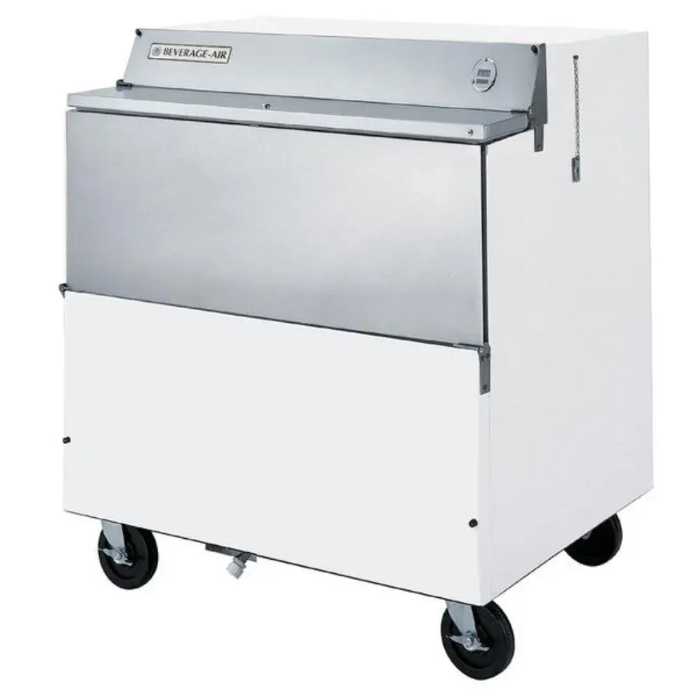 White forced-air milk cooler with stainless interior from Beverage-Air, delivering compact, durable, and dependable dairy storage.