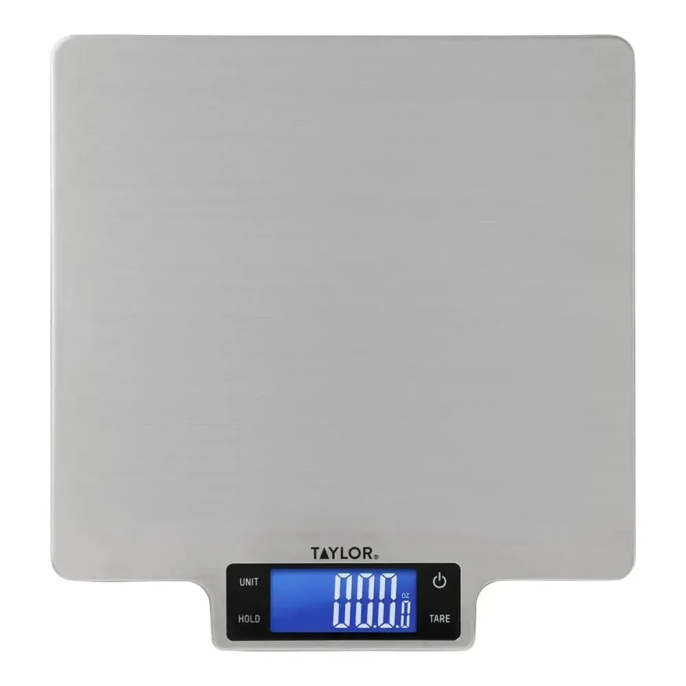 Taylor large stainless steel digital kitchen scale with wide platform, perfect for weighing bulk ingredients or oversized food items in commercial kitchens.
