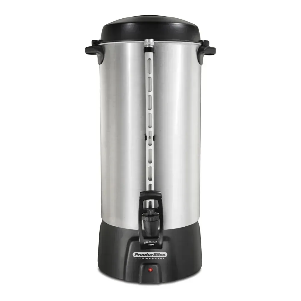 commercial Hamilton Beach coffee urn with a stainless steel finish, designed to brew and hold many cups of coffee for catering and events.