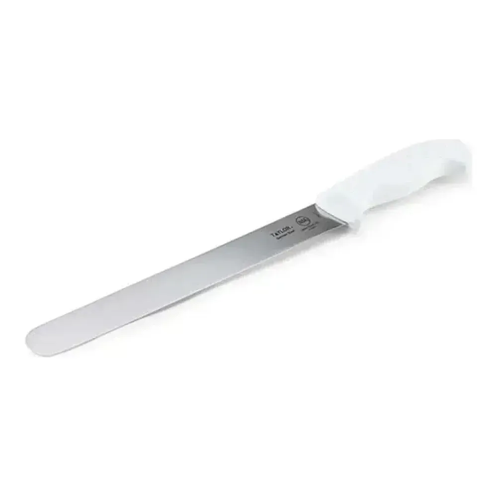 Taylor slicer knife with white silicone handle for clean slicing of meats and roasts, ideal for fast-paced foodservice and catering environments.